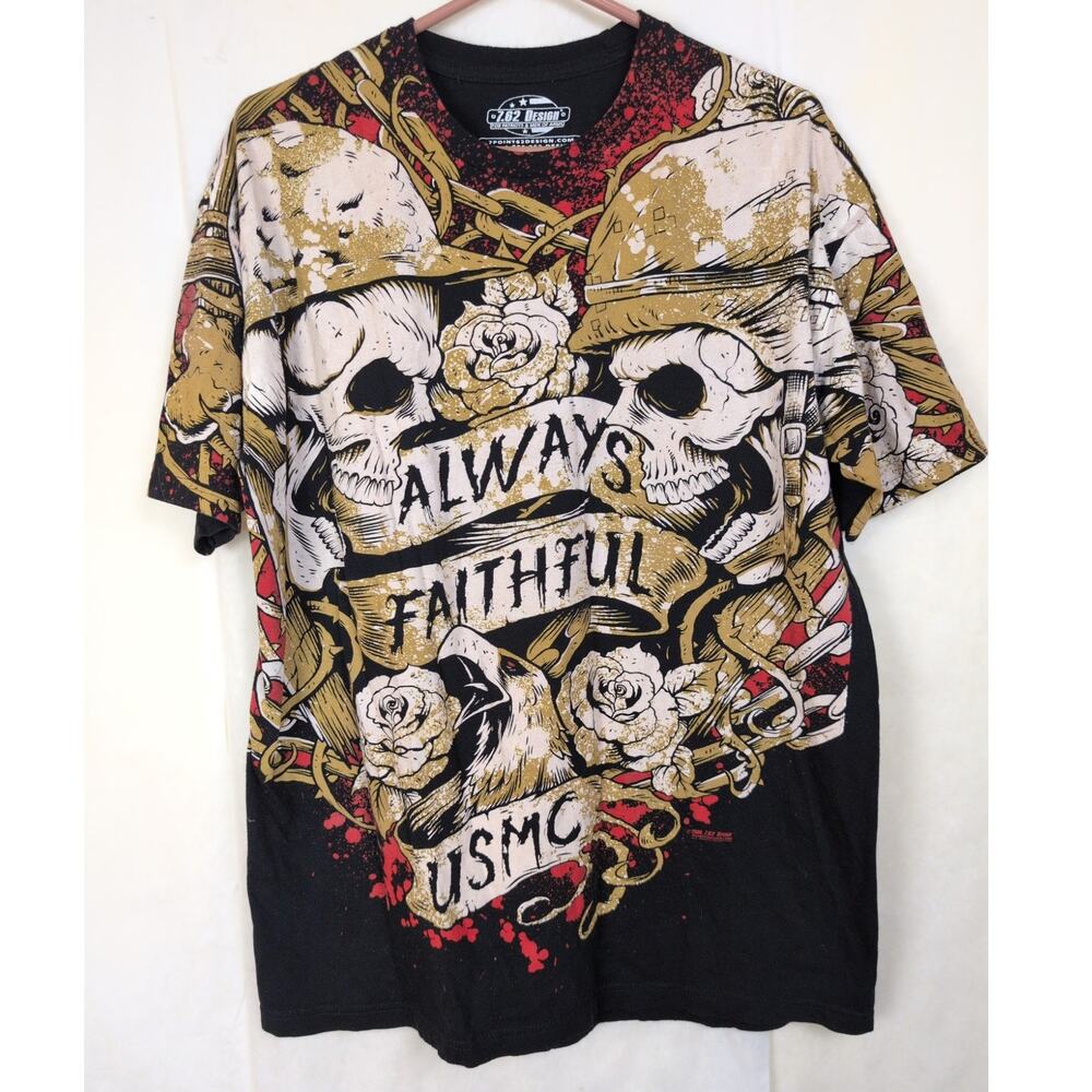USMC all over skull print Always Faithful T-shirt Size Large Black Grunge Goth